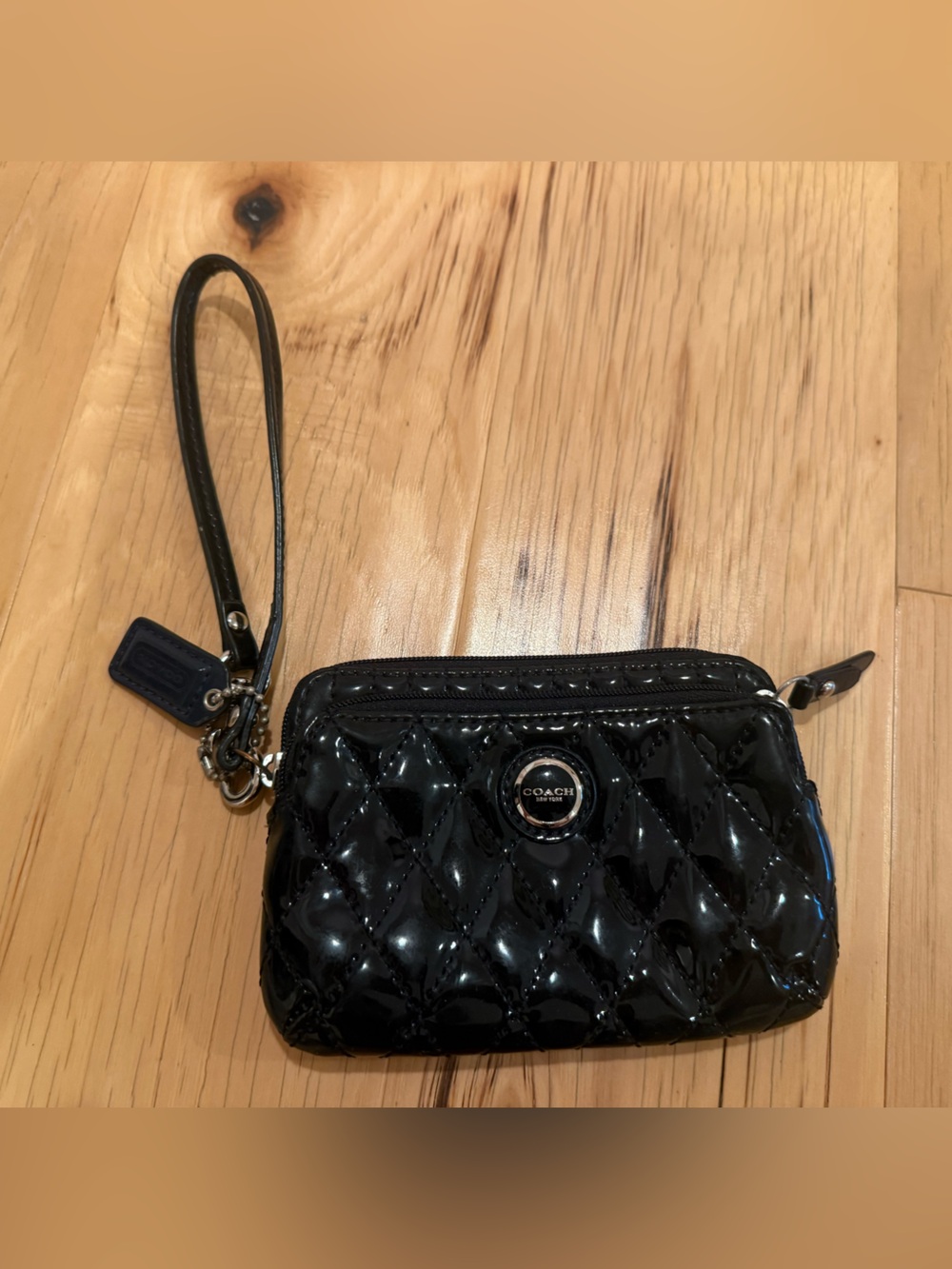 Coach Black Quilted Patent leather wristlet
